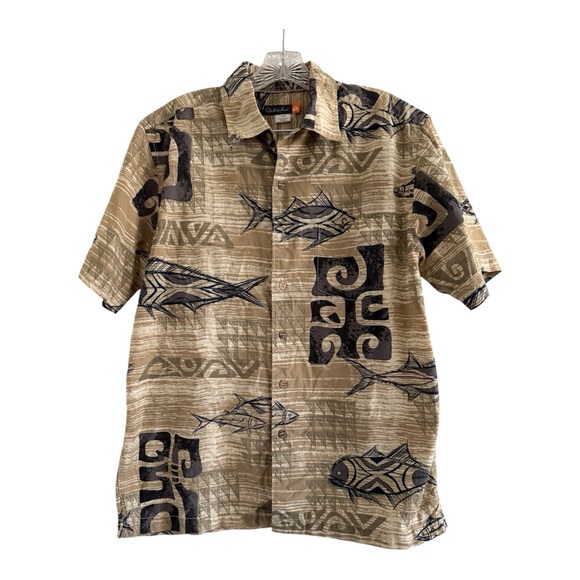 QUIKSILVER Vtg Men Hawaii Beige Brown Button-Up Tribal Fish Print Shirt (MEDIUM) - Picture 1 of 8